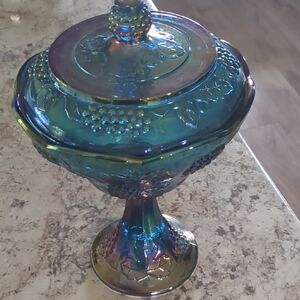 Indiana Harvest Grape Iridescent Blue Glass Covered Compote -